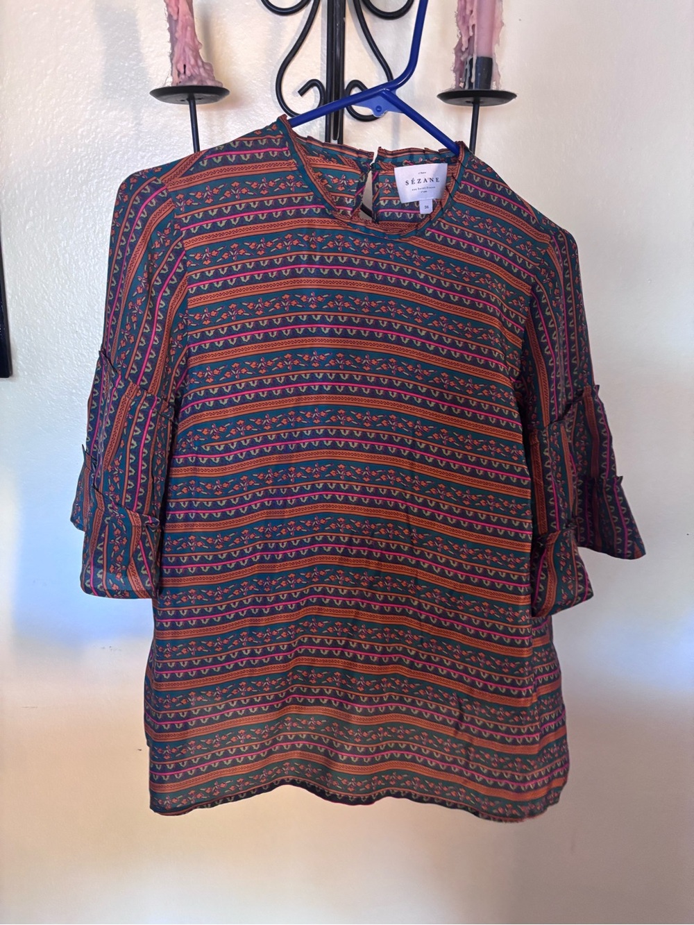 Sezane Navy and Rust Striped Ruffle Sleeve Blouse